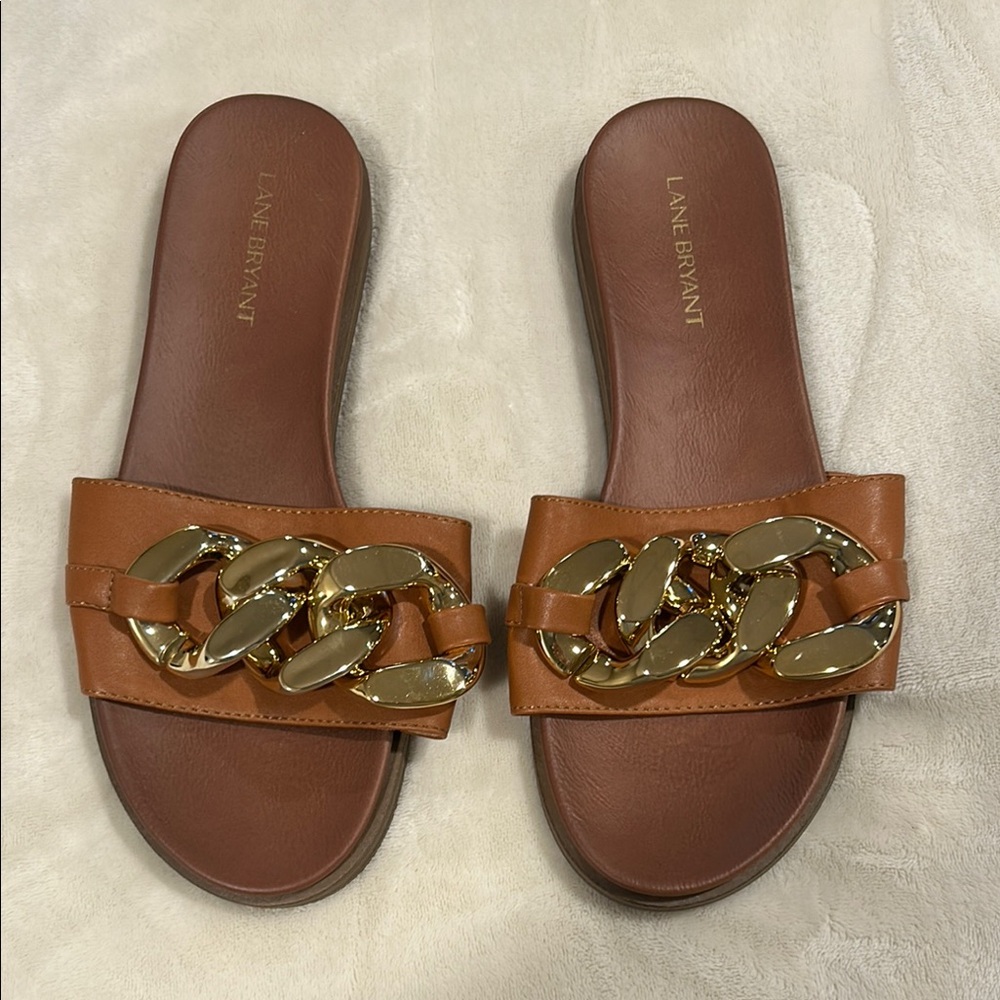 Lane Bryant Tan Sandals with Gold Chain Detail